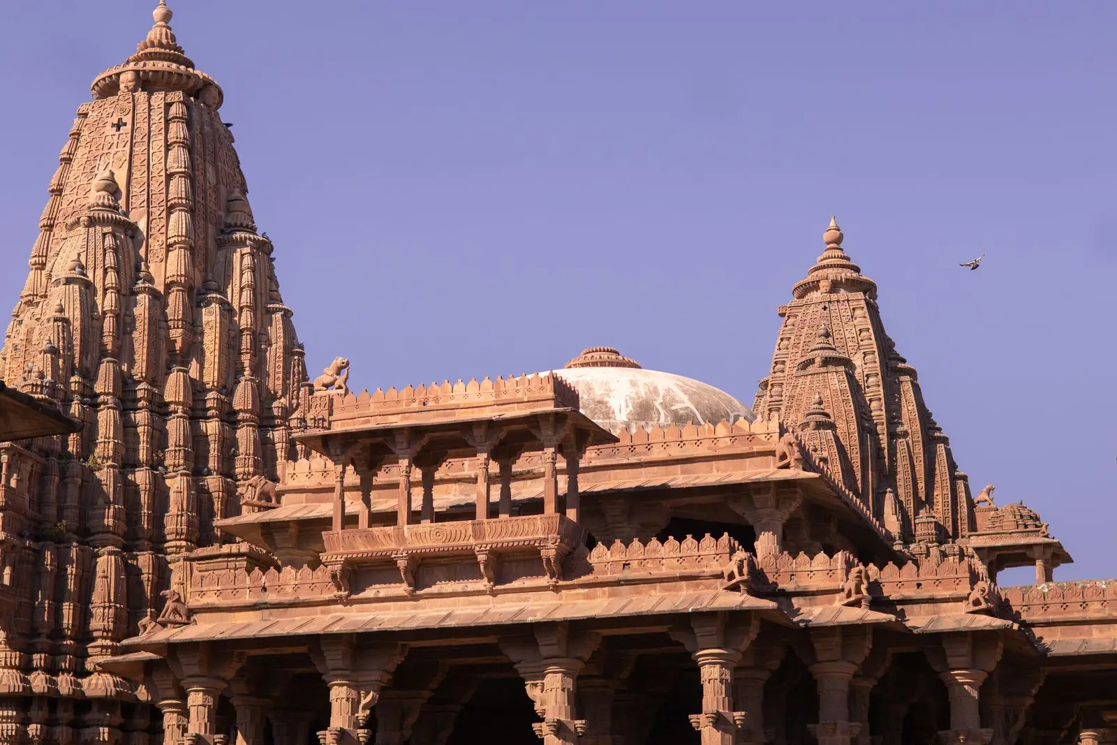 Carved sandstone temple spires against a clear sky, Rajasthan