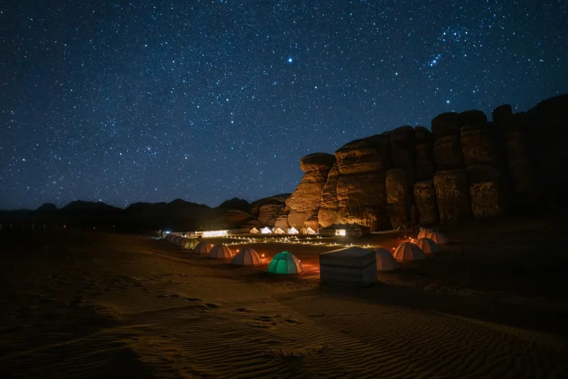 Swiss tents at a desert camp near Jaisalmer at dusk